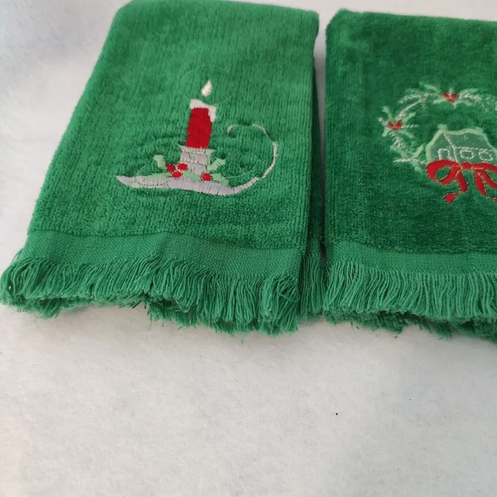 2 Cannon 1 Royal Terry Christmas Tree Wreath Candle Green Embroidered Towels VTG